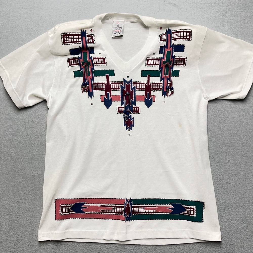 Vintage 90s Southwestern Graphic Tee Beaded Studded USA Boho Festival Shirt